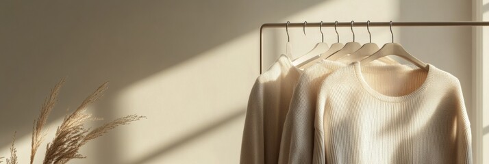 Aufkleber - Stylish minimalist clothing rack showcasing neatly arranged garments in warm sunlight. Generative AI