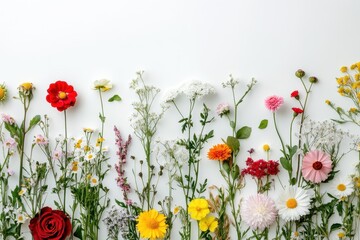 Wall Mural - Diverse flowers like roses and daisies on a white backdrop featuring red pink yellow and white hues