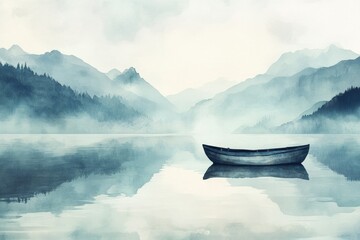 Leinwandbilder - Serene watercolor illustration of a rowboat on a calm mountain lake under a tranquil sky for your creative text. Generative AI