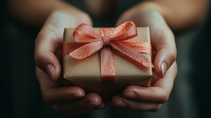 Wall Mural - Close-up of hands gently holding a small gift wrapped in brown paper with a coral ribbon bow.