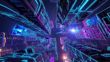 Wall Mural - Futuristic spaceship soaring through glowing neon skyscrapers in a vibrant cyberpunk city at night, creating a mesmerizing and otherworldly atmosphere filled with color and innovation