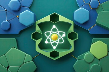 Poster - Innovative Health Care Medical Design Featuring Hexagon and Atom Elements on Green and Blue Background