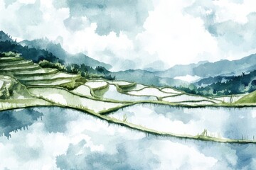 Fototapete - Breathtaking hand painted watercolor depicting lush flooded rice terraces in serene mountainous landscape. Generative AI