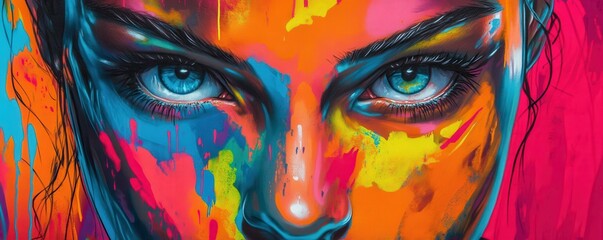 Poster - Vivid abstract portrait of a young female in bright colors and intense expression