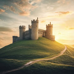 Poster - Majestic medieval castle atop a green hill bathed in warm sunset light overlooking the tranquil landscape. Generative AI