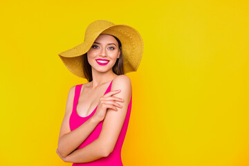 Canvas Print - Visage maquillage leisure travel lifestyle person resort people concept. Photo portrait of beautiful pretty lady with beaming toothy smile isolated bright background copy-space