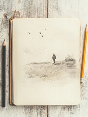 Poster - Open notebook displaying a sketch of a person on a hill with birds flying in a bright workspace. Generative AI