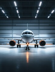 Leinwandbilder - Modern airplane awaits departure in spacious hangar during evening hours. Generative AI