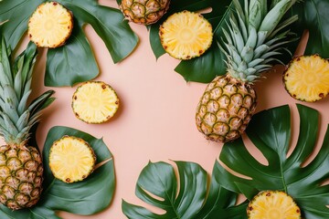 Wall Mural - Isolated slices of pineapple fruit leaves