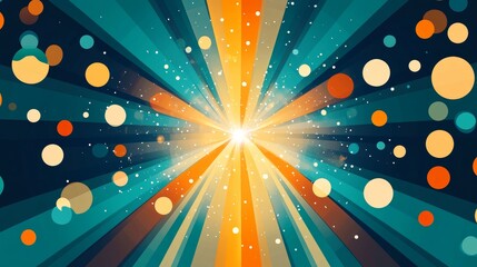 Wall Mural - teal, orange and blue geometric starburst background with bokeh circles and white specks