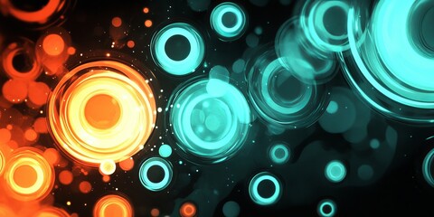 Wall Mural - abstract digital design with glowing cyan, orange circular shapes, light streaks, dark backdrop