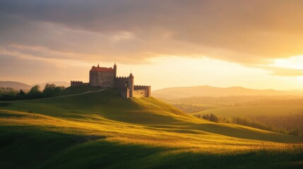 Poster - Medieval castle perched on green hill under sunset sky creating a serene landscape. Generative AI