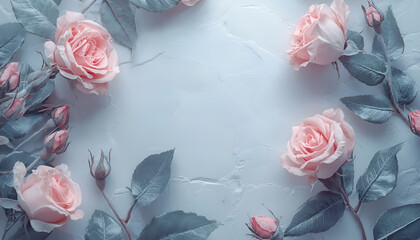 Wall Mural - Elegant pink roses and green leaves on textured white background