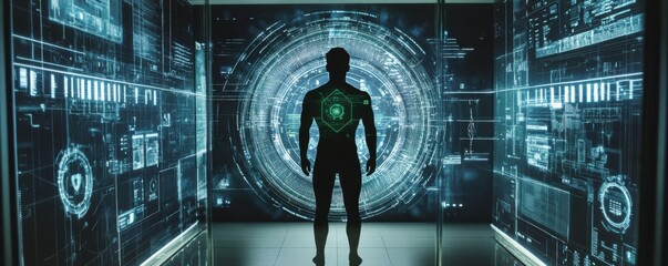 Leinwandbilder - Silhouette of male adult in futuristic digital interface room