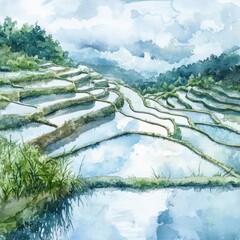 Aufkleber - Majestic watercolor of flooded rice terraces in tranquil landscape at mid afternoon. Generative AI