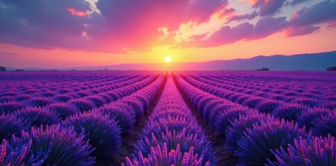 Poster - Sunset hues paint endless rows of lavender, creating a breathtaking purple panorama , endless, serenity