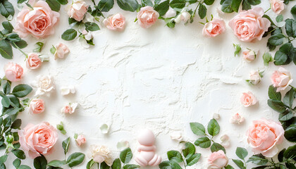 Wall Mural - Elegant pink roses and green leaves on textured white background