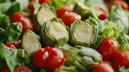 Wall Mural - artichokes tossed in a spring salad, their green hues offset by vibrant tomatoes, crisp lettuce and a light dressing