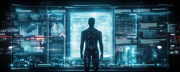 Poster - Futuristic interface with silhouette of person analyzing data on digital screens