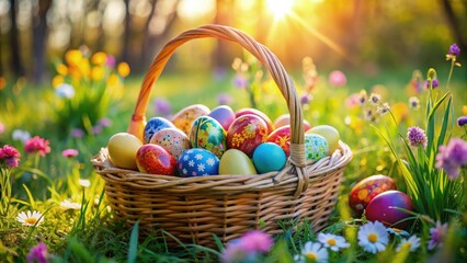 Sticker - Easter Basket With Painted Eggs in a Colorful Spring Meadow