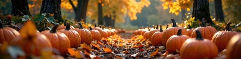 pumpkin patch with spooky autumnal foliage, nature, foliage
