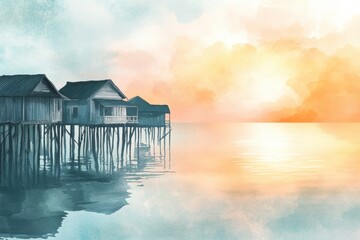 Aufkleber - Peaceful fishing village at sunset with wooden stilt houses by the calm sea. Generative AI