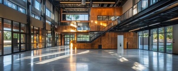 Poster - Modern industrial interior with concrete floor and large windows