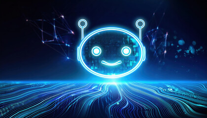Poster - glowing chatbot icon in futuristic digital environment with dynamic waveforms