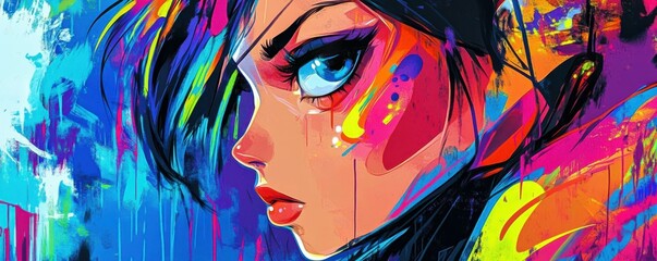 Poster - Vibrant colorful anime-inspired art with intense gaze and abstract patterns