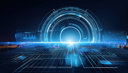 Poster - futuristic glowing interface with ai driven solutions and digital elements