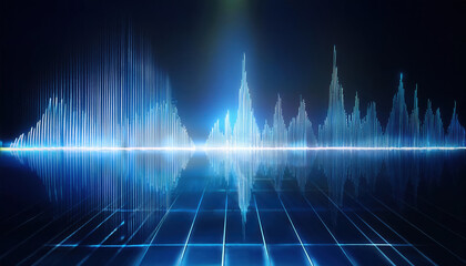 Poster - glowing sound wave icon with layered holographic voice data in minimalist sound studio creates capti