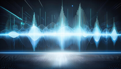 Poster - glowing sound wave icon with layered holographic voice data in minimalist sound studio