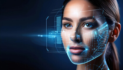 Poster - holographic face grid with dynamic analysis layers in tech driven lab