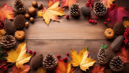 Wall Mural - beautiful frame composed of autumn maple leaves with pine cones berry and acornon wood plank nature fall season background