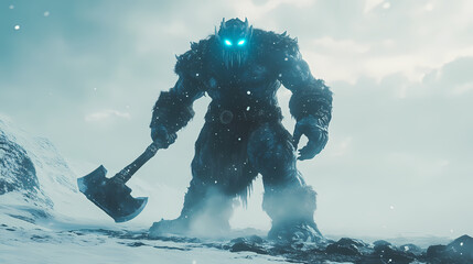 Wall Mural - Stunning ice giant with glowing blue eyes holding a battle axe in a wintry landscape. generative ai. Ancient Ice Giants. Illustration