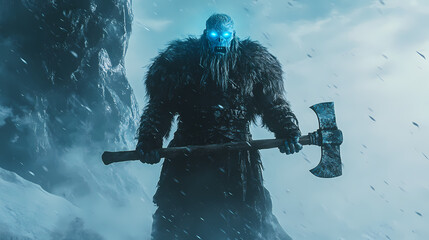 Wall Mural - Stunning ice giant with glowing blue eyes holding a battle axe in a wintry landscape. generative ai. Ancient Ice Giants. Illustration