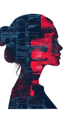 Wall Mural - A digital silhouette of a woman, layered with red and blue abstract patterns, conveying themes of technology and identity.