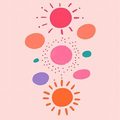 Wall Mural - Bright, colorful suns and abstract shapes arranged vertically on a soft pink background, creating a playful and cheerful atmosphere.