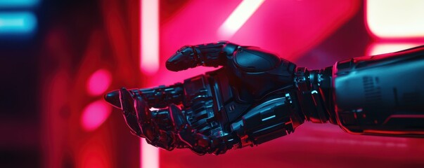 Poster - Futuristic robotic hand with neon lights in a sci-fi setting