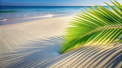 Poster - Coconut Leaf Shadow on Beach Under Warm Sunlight. Generative AI