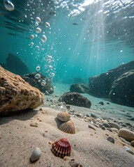 Poster - Underwater View of Sand and Shells With Turquoise Hues. Generative AI