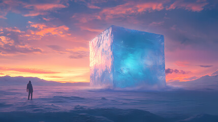Wall Mural - Here's a possible response following your specifications. solitary figure gazing at a colossal, luminous ice cube in a desolate, snowy landscape under a twilight sky. Ancient Ice Giants. Illustration