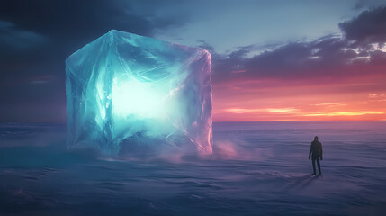 Wall Mural - Here's a possible response following your specifications. solitary figure gazing at a colossal, luminous ice cube in a desolate, snowy landscape under a twilight sky. Ancient Ice Giants. Illustration