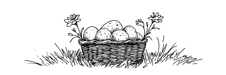 Wall Mural - Easter basket with decorated eggs in grass monochrome doodle sketch engraving, laser cutting vector