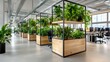 © Paul - An environmentally conscious office buzzing with activity, featuring recycled materials, plant partitions, and zones for mindfulness and productivity