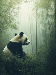 Fototapete - Panda resting peacefully among tall bamboo stalks in a serene forest setting during early morning light. Generative AI