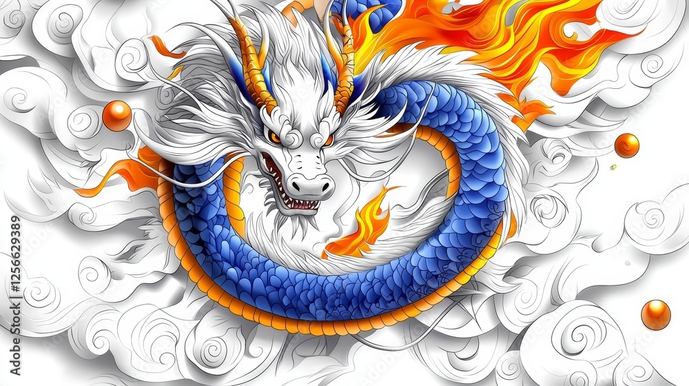 Coiled Dragon With Flaming Pearl Detailed Whiskers And Horns Bold 