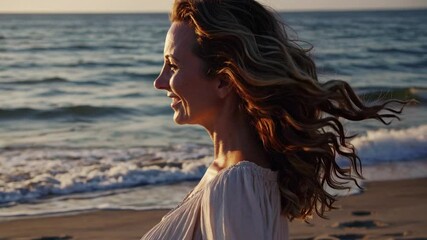 Poster - Golden sunlight illuminates a woman with wind-blown hair as she smiles serenely on a beach at sunset, enjoying the peaceful atmosphere of the ocean