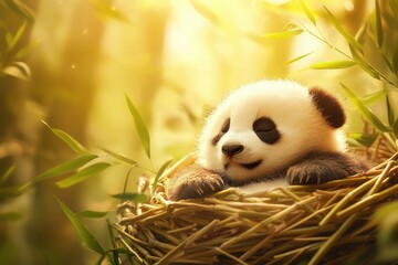 Poster - Panda resting peacefully in a cozy nest surrounded by bamboo forest during golden hour. Generative AI
