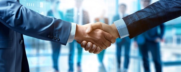 Poster - Two corporate executives sealing a successful business partnership with a digital overlay